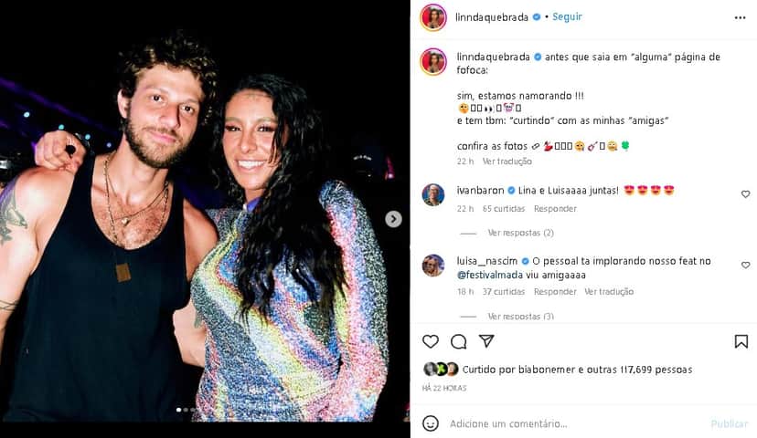 Linn da Quebrada surgiu em clima íntimo com Chay Suede (Foto: Reprodução/ Instagram) Linn da Quebrada surgiu em clima íntimo com Chay Suede (Foto: Reprodução/ Instagram)