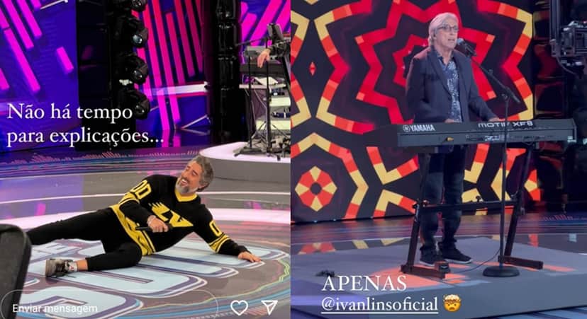 Marcos Mion vai ao chão no palco dos estúdios do Caldeirão com presença de Ivan Lins Marcos Mion vai ao chão no palco dos estúdios do Caldeirão com presença de Ivan Lins