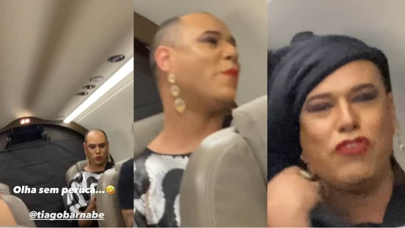 Tiago Barnabé, a Narcisa, é flagrada sem peruca, faz caras e bocas e depois esconde a careca com manta, arrancando risos de Eliana em vôo Tiago Barnabé, a Narcisa, é flagrada sem peruca, faz caras e bocas e depois esconde a careca com manta, arrancando risos de Eliana em vôo