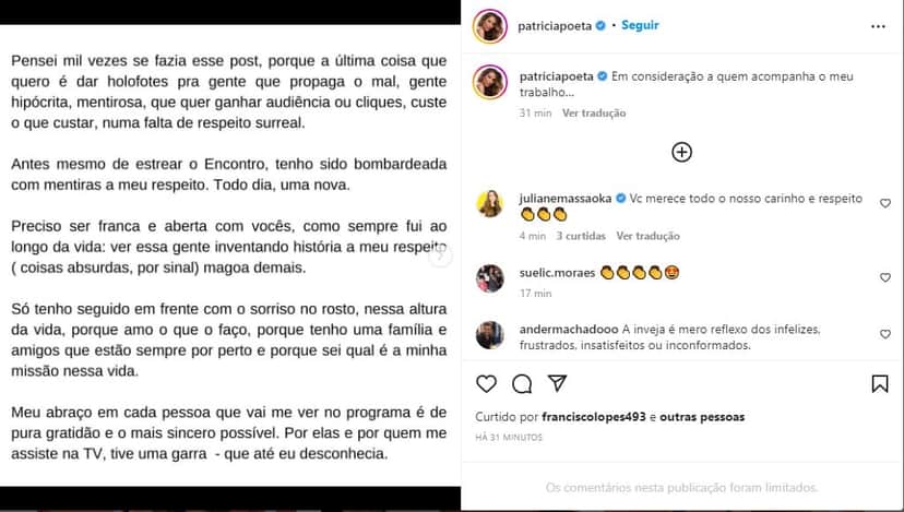 Patrícia Poeta desabafa sobre ataques - Foto: Reprodução Patrícia Poeta desabafa sobre ataques - Foto: Reprodução