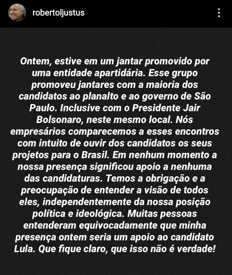 Roberto Justus esclarece em comunicado oficial sobre janatar a Lula e nega apoio a candidatura nas eleições 2022 Roberto Justus esclarece em comunicado oficial sobre janatar a Lula e nega apoio a candidatura nas eleições 2022
