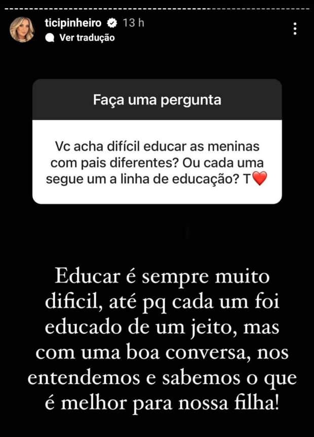 Ticiane Pinheiro é muito sincera sobre criação das filhas de pais diferentes Ticiane Pinheiro é muito sincera sobre criação das filhas de pais diferentes