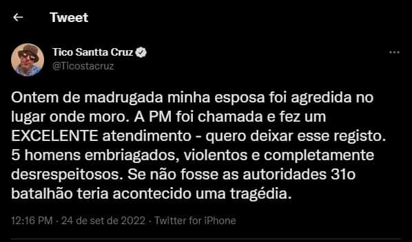 Tico Santa Cruz revela que mulher foi agredida por cinco homens - Foto: Reprodução Tico Santa Cruz revela que mulher foi agredida por cinco homens - Foto: Reprodução