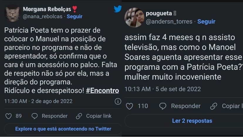 Alguns internautas criticam o vício de linguagem de Patrícia Poeta e a relevância de Manoel Soares Alguns internautas criticam o vício de linguagem de Patrícia Poeta e a relevância de Manoel Soares