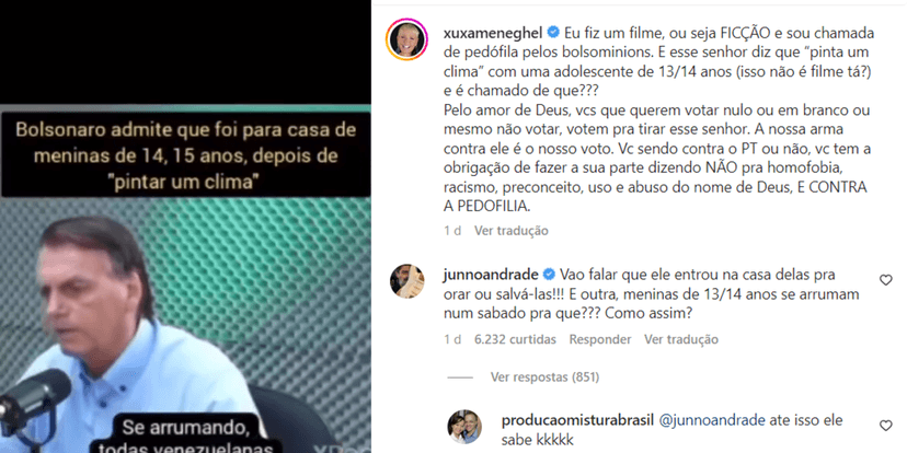 Xuxa rebateu bolsonaristas com vídeo aonde mostra Jair Bolsonaro falando que "rolou um clima" com menininhas de 13 e 14 anos (Foto Reprodução/Instagram) Xuxa rebateu bolsonaristas com vídeo aonde mostra Jair Bolsonaro falando que "rolou um clima" com menininhas de 13 e 14 anos (Foto Reprodução/Instagram)