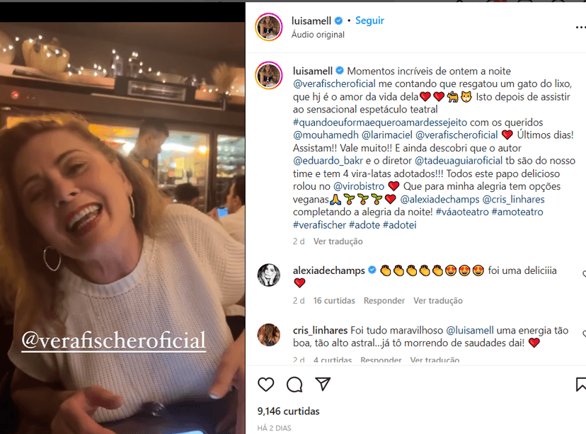 Luíza mell compartilha registro com Vera Fisher (Foto Reprodução/Instagram) Luíza mell compartilha registro com Vera Fisher (Foto Reprodução/Instagram)