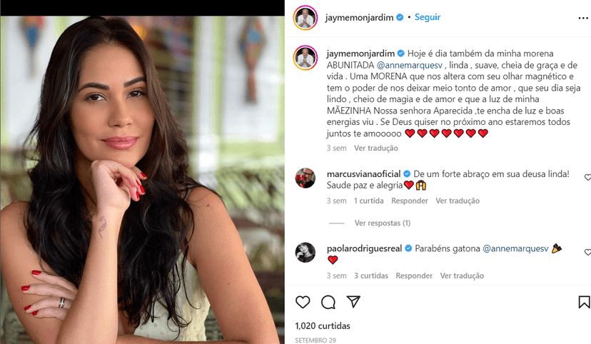 Declaração do diretor Jayme Monjardim para a namorada nas redes sociais (Foto Reprodução/Instagram)