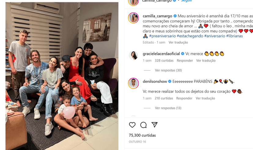 Postagem de Camilla Camargo, aonde mostra todo mundo no jantar de aniversário (Foto Reprodução/Instagram) Postagem de Camilla Camargo, aonde mostra todo mundo no jantar de aniversário (Foto Reprodução/Instagram)