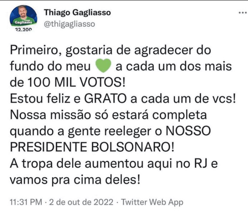 Postagem que Thiago Gagliasso fez ao ganhar as eleições esse ano (Foto Reprodução/Internet) Postagem que Thiago Gagliasso fez ao ganhar as eleições esse ano (Foto Reprodução/Internet)