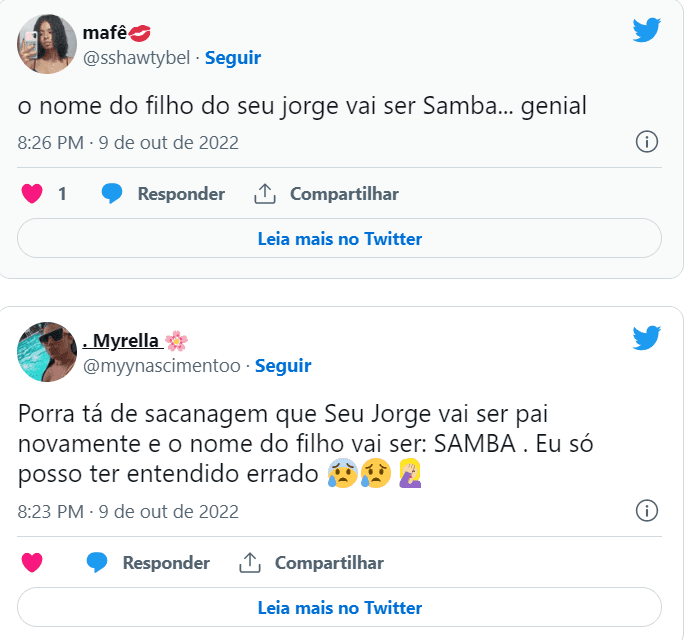 Algumas opiniões de usuários do Twitter a respeito do nome que Seu Jorge escolheu para o herdeiro (Foto Reprodução/Twiter) Algumas opiniões de usuários do Twitter a respeito do nome que Seu Jorge escolheu para o herdeiro (Foto Reprodução/Twiter)
