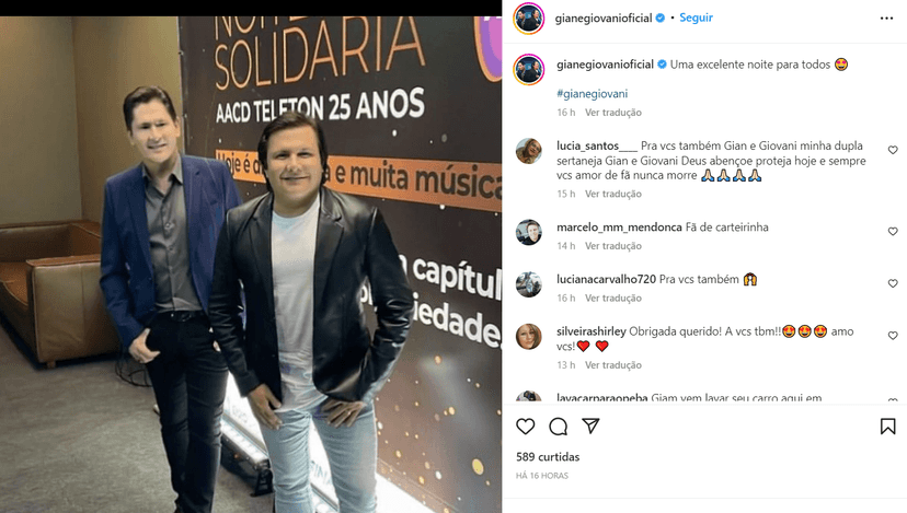 Uma das últimas postagens da Dupla que ainda esta na ativa (Foto Reprodução/Instagram) Uma das últimas postagens da Dupla que ainda esta na ativa (Foto Reprodução/Instagram)