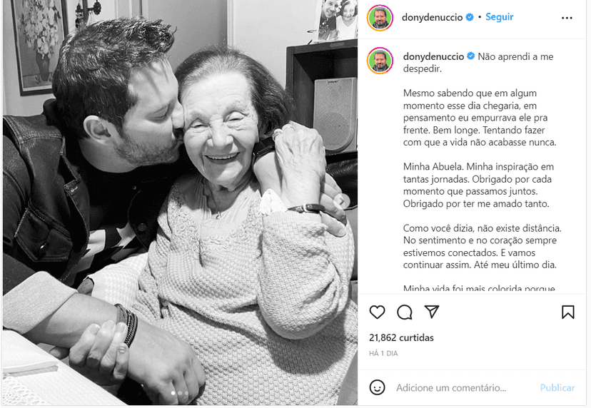 O jornalista Dony De Nuccio presta homenagem para a sua avó que veio a falecer essa semana (Foto Reprodução/Instagram) O jornalista Dony De Nuccio presta homenagem para a sua avó que veio a falecer essa semana (Foto Reprodução/Instagram)