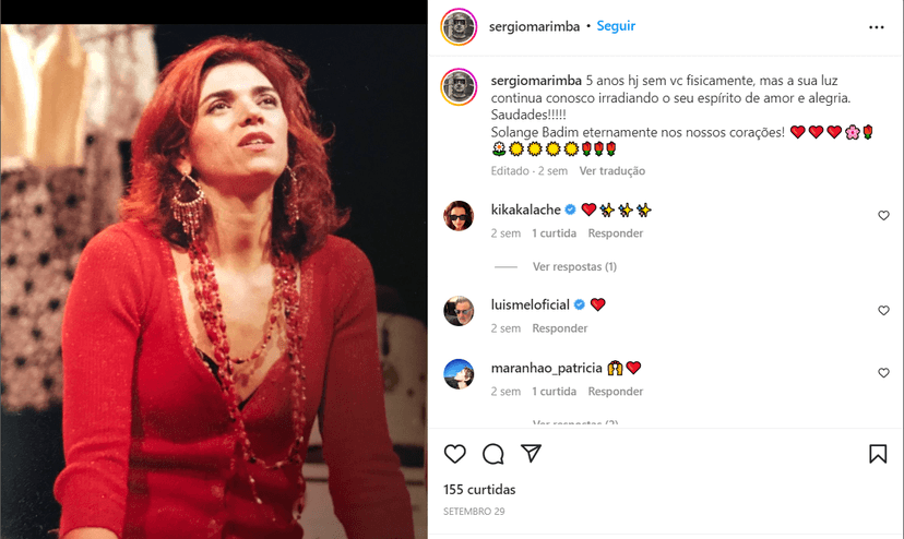 Homenagem feita recentemente por Sérgio Marimba à Solange Badim (Foto Reprodução/Instagram) Homenagem feita recentemente por Sérgio Marimba à Solange Badim (Foto Reprodução/Instagram)
