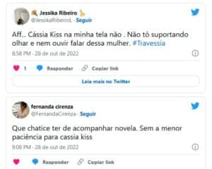 Público boicota Travessia por causa de Cassia (Foto: Reprodução / Twitter) Público boicota Travessia por causa de Cassia (Foto: Reprodução / Twitter)