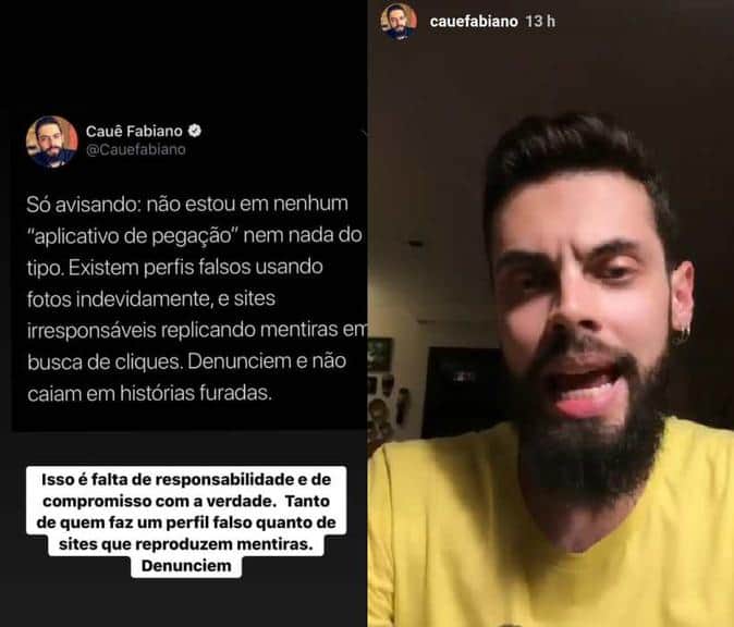 Cauê Fabiano se manifestou a respeito da polêmica do aplicativo de "pegação" envolvendo o nome dele (Foto Reprodução/Instagram) Cauê Fabiano se manifestou a respeito da polêmica do aplicativo de "pegação" envolvendo o nome dele (Foto Reprodução/Instagram)