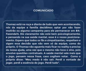 A Fazenda 14 - Jogou a toalha? Equipe de Thomaz Costa acata decisão do peão e desiste de puxar mutirão nesta quinta (20) (Foto: Reprodução / Twitter) A Fazenda 14 - Jogou a toalha? Equipe de Thomaz Costa acata decisão do peão e desiste de puxar mutirão nesta quinta (20) (Foto: Reprodução / Twitter)