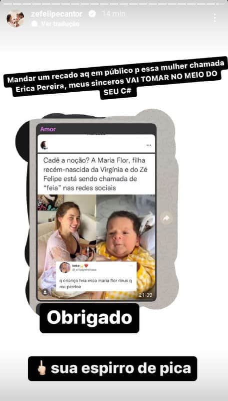 Zé Felipe se revoltou e esculhambou mulher que falou da aparência de sua filha com Virgínia Fonseca (Foto: Reprodução/ Instagram) Zé Felipe se revoltou e esculhambou mulher que falou da aparência de sua filha com Virgínia Fonseca (Foto: Reprodução/ Instagram)