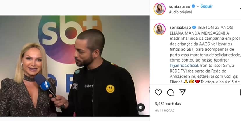 Sonia Abrão publica recado em vídeo dado por Eliana à ela sobre ida confirmada da jornalista ao Teleton no SBT Sonia Abrão publica recado em vídeo dado por Eliana à ela sobre ida confirmada da jornalista ao Teleton no SBT