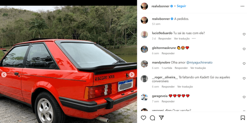 William Bonner compartilhou uma das suas paixões, o Escort XR3 de 1986 (Foto Reprodução/Instagram) William Bonner compartilhou uma das suas paixões, o Escort XR3 de 1986 (Foto Reprodução/Instagram)