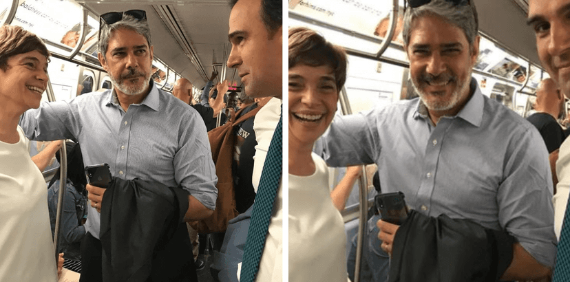 William Bonner andando de metrô ao lado de Renata Lo prete e Tadeu Schmidt (Foto Reprodução/Montagem/Tv Foco) William Bonner andando de metrô ao lado de Renata Lo prete e Tadeu Schmidt (Foto Reprodução/Montagem/Tv Foco)