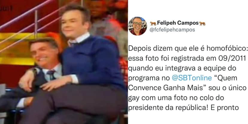 Felipeh Campos relembra momento em que sentou no colo de Jair Bolsonaro (Reprodução: Twitter) Felipeh Campos relembra momento em que sentou no colo de Jair Bolsonaro (Reprodução: Twitter)