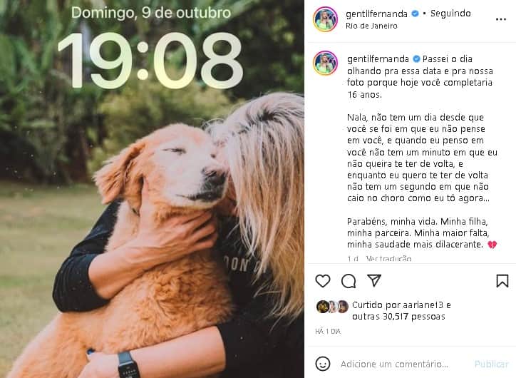 Fernanda Gentil expôs o sentimento de saudade de sua cachorra de estimação (Foto: Reprodução) Fernanda Gentil expôs o sentimento de saudade de sua cachorra de estimação (Foto: Reprodução)