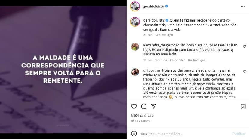 Geraldo Luís fez uma reflexão em suas redes sociais e cravou com um recado daqueles (Foto: Reprodução/ Instagram) Geraldo Luís fez uma reflexão em suas redes sociais e cravou com um recado daqueles (Foto: Reprodução/ Instagram)