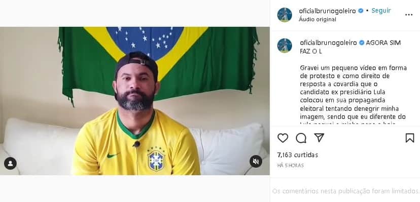 Goleiro Bruno declarou apoio a Bolsonaro e ainda detonou Lula em vídeo (Foto: Reprodução/ Instagram) Goleiro Bruno declarou apoio a Bolsonaro e ainda detonou Lula em vídeo (Foto: Reprodução/ Instagram)