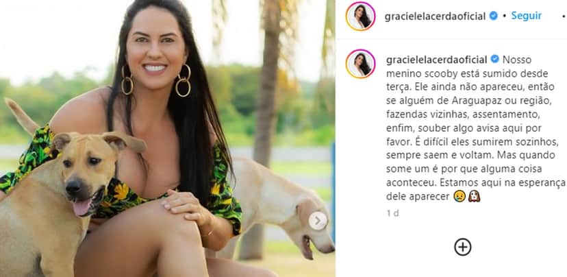 Graciele Lacerda faz triste comunicado em texto sobre seu cachorro Scooby que desapareceu Graciele Lacerda faz triste comunicado em texto sobre seu cachorro Scooby que desapareceu