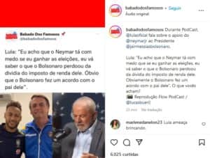 Em entrevista histórica com recorde de espectadores, Lula debocha de Neymar: "Bolsonaro fez um acordo com o pai dele" (Foto: Reprodução / Twitter) Em entrevista histórica com recorde de espectadores, Lula debocha de Neymar: "Bolsonaro fez um acordo com o pai dele" (Foto: Reprodução / Twitter)