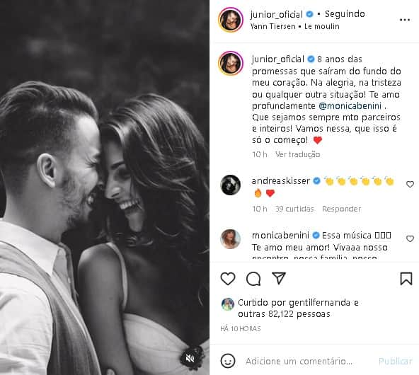 Junior Lima decidiu fazer uma declaração de amor para Mônica Benini (Foto: Reprodução/ Instagram) Junior Lima decidiu fazer uma declaração de amor para Mônica Benini (Foto: Reprodução/ Instagram)