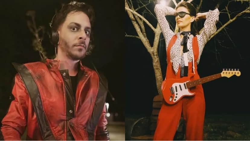 Junior Lima e Mônica Benini fantasiados de Thriller de Michael Jackson e David Bowie respectivamente Junior Lima e Mônica Benini fantasiados de Thriller de Michael Jackson e David Bowie respectivamente