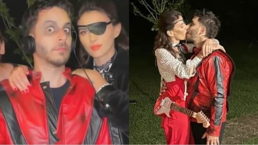 Junior LIma e Mônica Benini registram beijo em público em festa de aniversário à fantasia Junior LIma e Mônica Benini registram beijo em público em festa de aniversário à fantasia