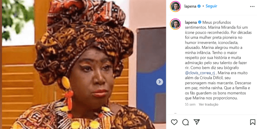 Homenagem de Hélio em suas redes sociais para Marina Miranda (Foto Reprodução/Instagram) Homenagem de Hélio em suas redes sociais para Marina Miranda (Foto Reprodução/Instagram)