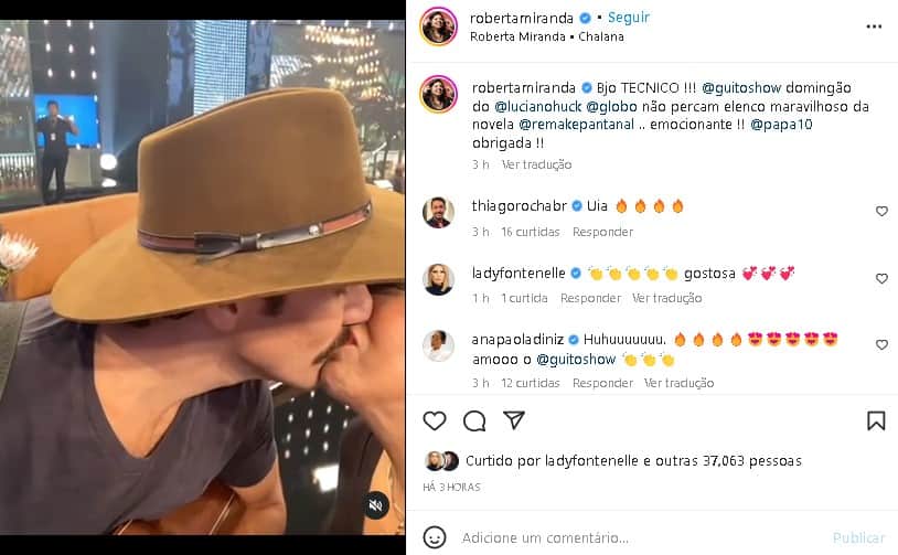 Roberta Miranda surgiu beijando ator galã de Pantanal nos bastidores da Globo (Foto: Reprodução/ Instagram) Roberta Miranda surgiu beijando ator galã de Pantanal nos bastidores da Globo (Foto: Reprodução/ Instagram)