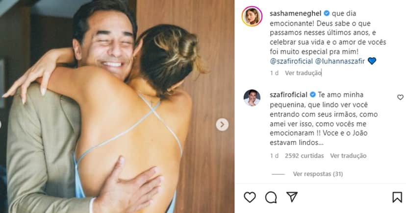 Sasha Meneghel faz declaração afetuosa para Luciano Szafir após casamento e resposta dele não passa batida pelos internautas Sasha Meneghel faz declaração afetuosa para Luciano Szafir após casamento e resposta dele não passa batida pelos internautas