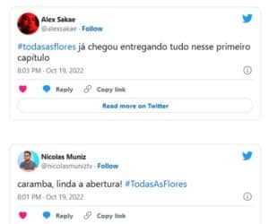 Estreia de Todas as Flores no streaming nesta quarta-feira (19) recebe elogios: "Entregou tudo neste primeiro capítulo" (Foto: Reprodução / Twitter) Estreia de Todas as Flores no streaming nesta quarta-feira (19) recebe elogios: "Entregou tudo neste primeiro capítulo" (Foto: Reprodução / Twitter)
