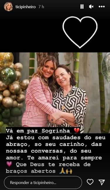 Ticiane Pinheiro anuncia morte da sogra, mãe de César Tralli, nas redes sociais Ticiane Pinheiro anuncia morte da sogra, mãe de César Tralli, nas redes sociais