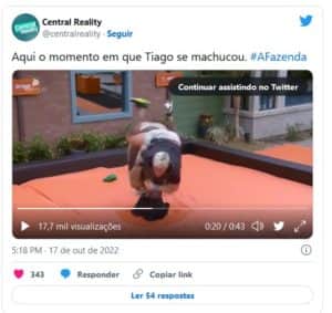 Tiago Ramos bate a cabeça em A Fazenda 14; peão passa bem após acidente em prova no reality (Foto: Reprodução / Twitter) Tiago Ramos bate a cabeça em A Fazenda 14; peão passa bem após acidente em prova no reality (Foto: Reprodução / Twitter)