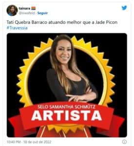 Tati foi ovacionada pelo público de Travessia (Foto: Reprodução / Twitter) Tati foi ovacionada pelo público de Travessia (Foto: Reprodução / Twitter)