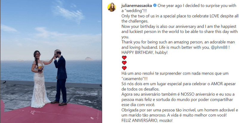 Postagem de Ju Massaoka, para celebrar tanto o aniversário de Patrick, como o aniversário de casamento (Foto Reprodução/Instagram) Postagem de Ju Massaoka, para celebrar tanto o aniversário de Patrick, como o aniversário de casamento (Foto Reprodução/Instagram)