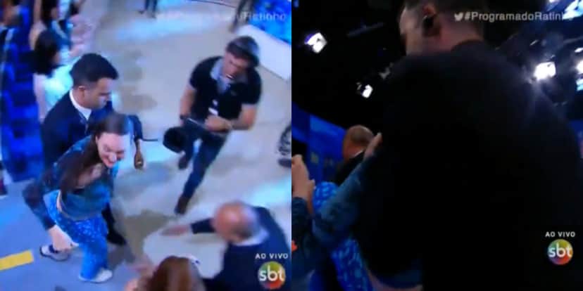 Marquito foi levado para fora do programa por seguranças (Foto Reprodução/Montagem/Tv Foco) Marquito foi levado para fora do programa por seguranças (Foto Reprodução/Montagem/Tv Foco)