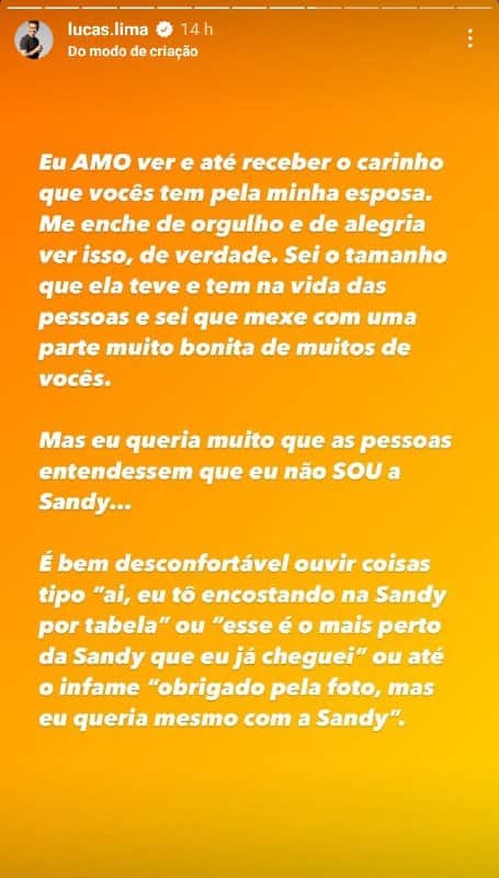 Lucas Lima falou sobre as comparações com Sandy (Foto: Reprodução/ Instagram) Lucas Lima falou sobre as comparações com Sandy (Foto: Reprodução/ Instagram)