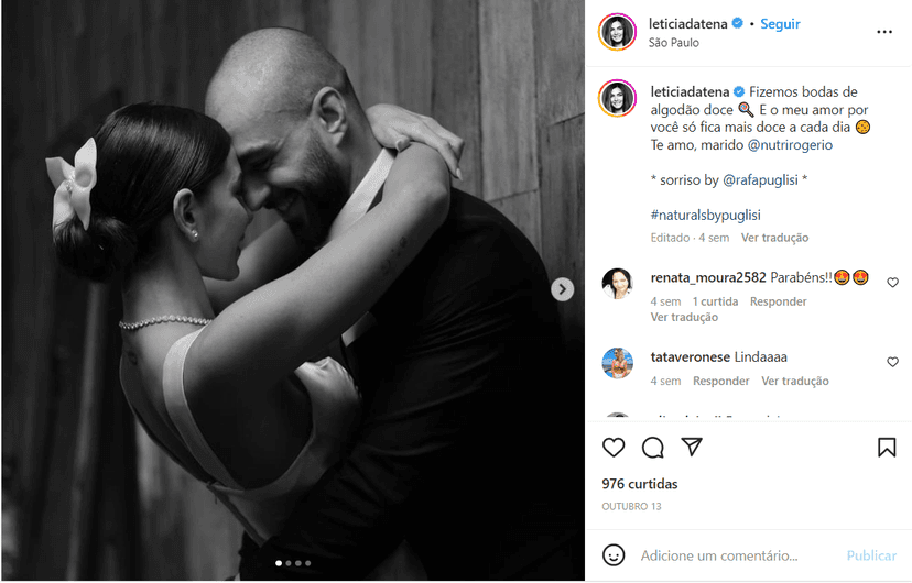 Postagem que Letícia Wiermann fez para seu amado nas redes sociais (Foto Reprodução/Instagram) Postagem que Letícia Wiermann fez para seu amado nas redes sociais (Foto Reprodução/Instagram)