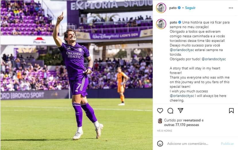 Alexandre Pato faz textão de despedida do Orlando City - Foto: Reprodução Alexandre Pato faz textão de despedida do Orlando City - Foto: Reprodução