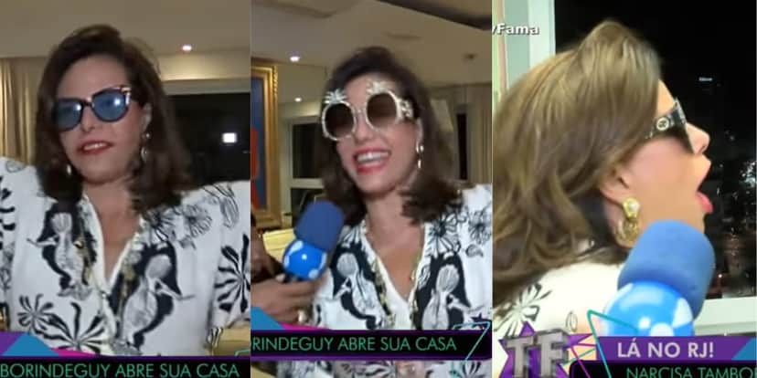Em cada momento da matéria, Narcisa estava usando um óculos diferente (Reprodução: RedeTV!) Em cada momento da matéria, Narcisa estava usando um óculos diferente (Reprodução: RedeTV!)