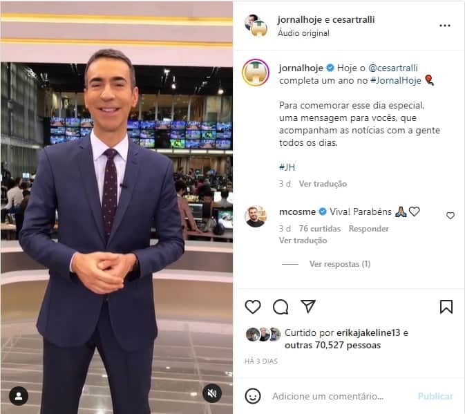 César Tralli celebra um ano sob o comando do Jornal Hoje - Foto: Reprodução César Tralli celebra um ano sob o comando do Jornal Hoje - Foto: Reprodução
