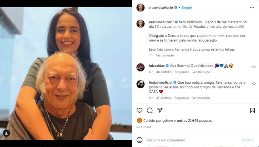Erasmo Carlos celebra alta hospitalar com foto ao lado da esposa - Foto: Reprodução Erasmo Carlos celebra alta hospitalar com foto ao lado da esposa - Foto: Reprodução