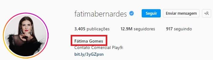 Perfil de Fátima Bernardes após mudança (Imagem: Reprodução) Perfil de Fátima Bernardes após mudança (Imagem: Reprodução)