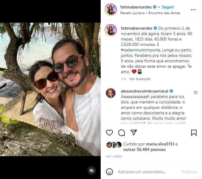 Fátima Bernardes se declara a Túlio Gadêlha no aniversário de cinco anos do casal - Foto: Reprodução Fátima Bernardes se declara a Túlio Gadêlha no aniversário de cinco anos do casal - Foto: Reprodução